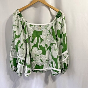 Tahari Top Women's XL 100% Flax Linen Green White Floral Balloon Sleeve Peasant